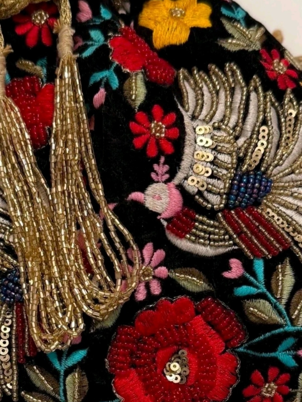 Embroidered Black Velvet Drawstring Bag with Gold Beaded Fringe - Picture 3 of 5